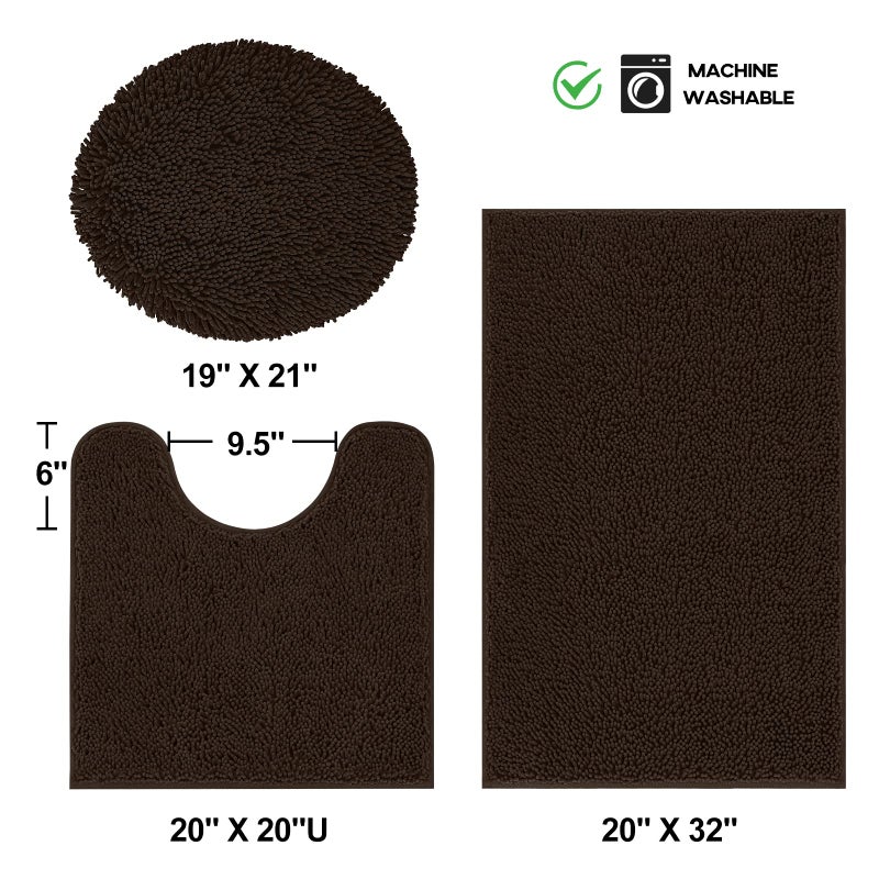 TREETONE Chenille Bath Mat 3 Piece Bathroom Rugs Set, 20x20 Inchs U-Shape Contoured Toilet Mat & 20x32 Inchs Rug & Lid Cover Water Absorbent Plush Rugs for Tub Shower & Bath Room -Chocolate Brown - Image 2